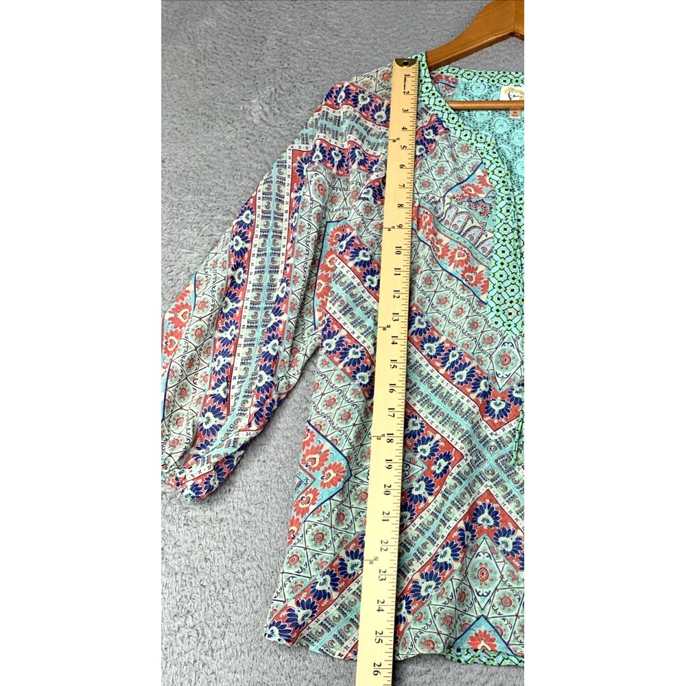 Anthropologie Fig and Flower Blouse Womens Size Medium Teal Multicolor Sheer - Picture 3 of 12